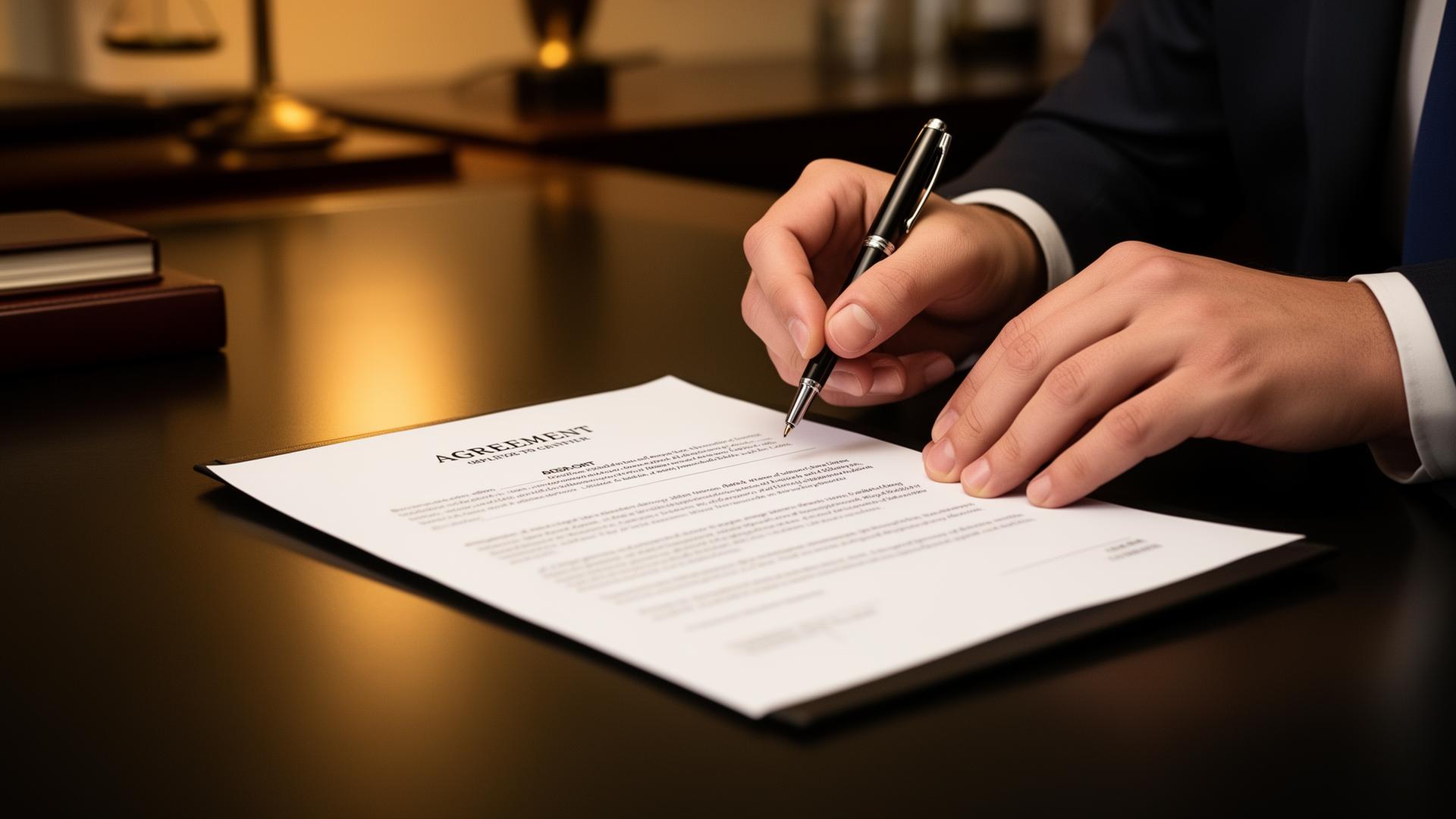 Contract signing representing legal terms and agreements
